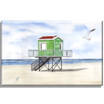 Leinwand 40 x 30 cm Keilrahmen Canvas-Leinen  Aquarell Maritim Kunst Druck Kunstdruck Nordsee Insel Langeoog Badeturm grün Strand Meer